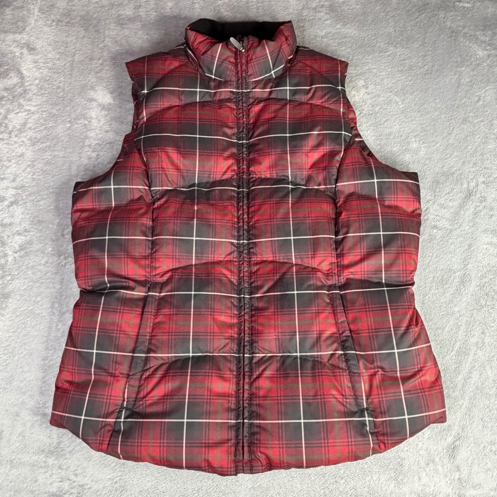 Eddie Bauer Puffer Vest Women M Red Plaid Goose Down Full Zip Outdoor Cinch Back